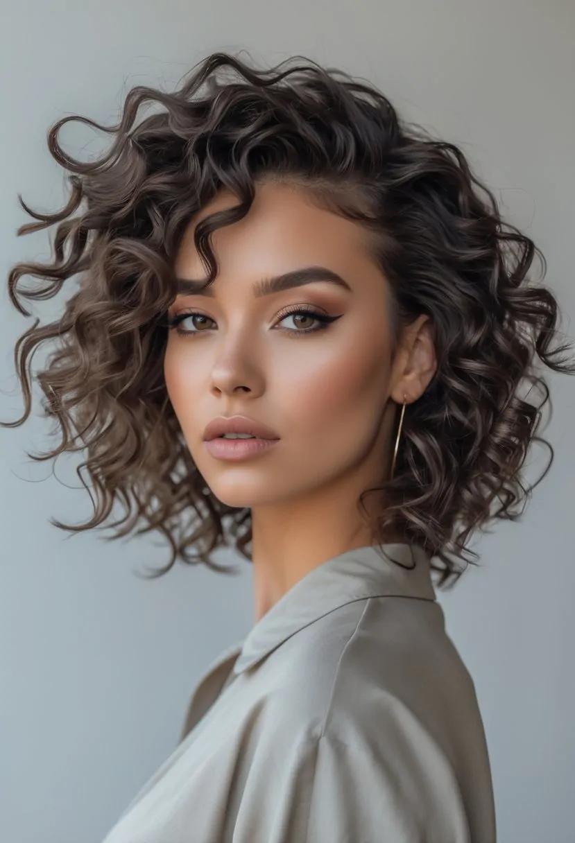 A young woman with curly hair styled in a layered wolf cut posing against a plain background.