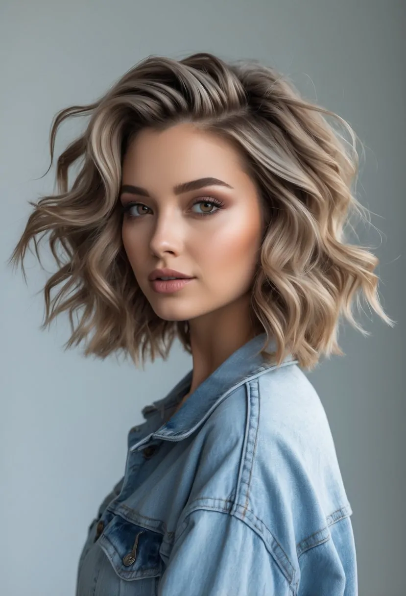 A young woman with wavy hair styled in a layered haircut, looking confidently at the camera against a plain background.