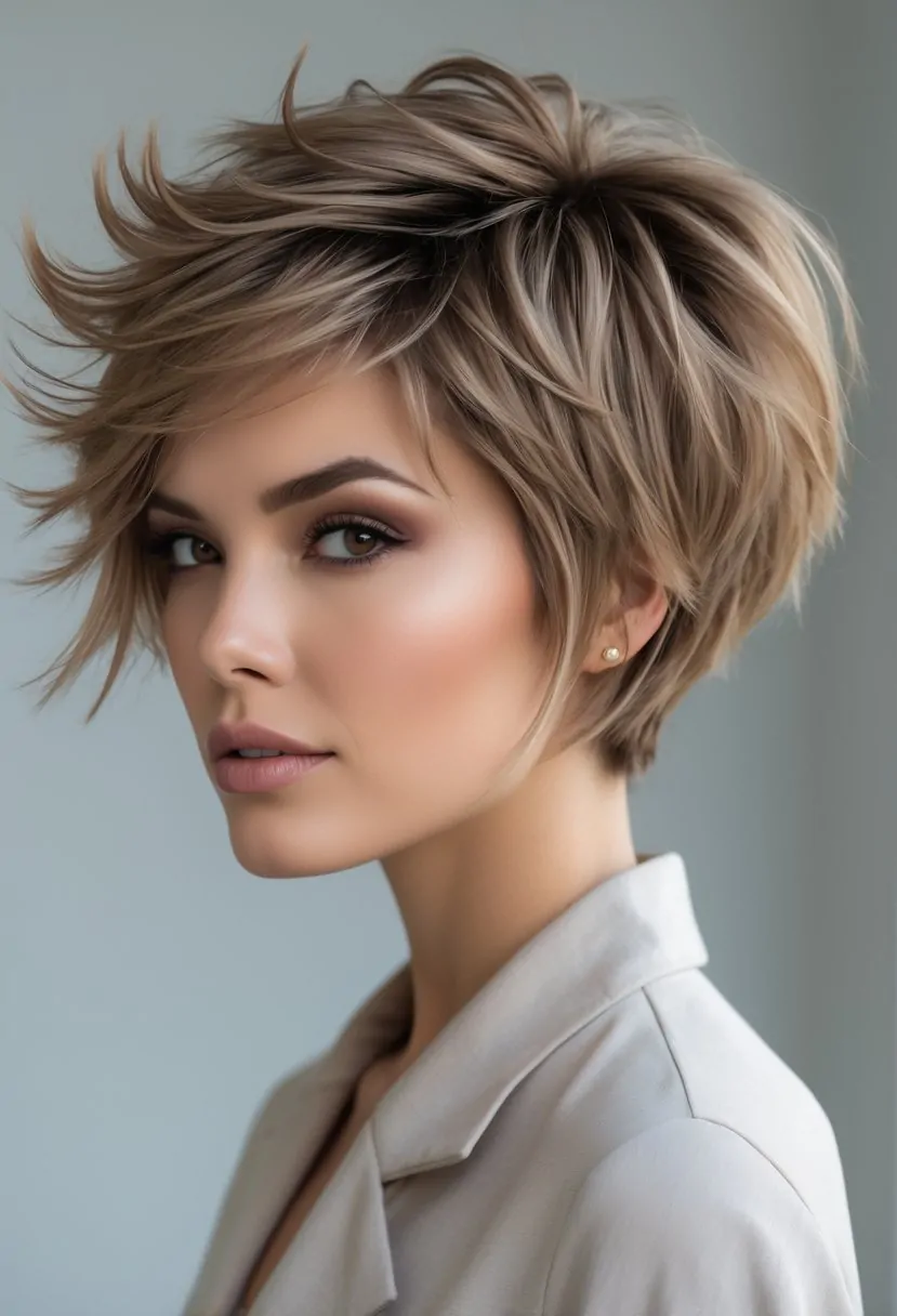 A woman with a short layered haircut posing in a studio with a clean background.