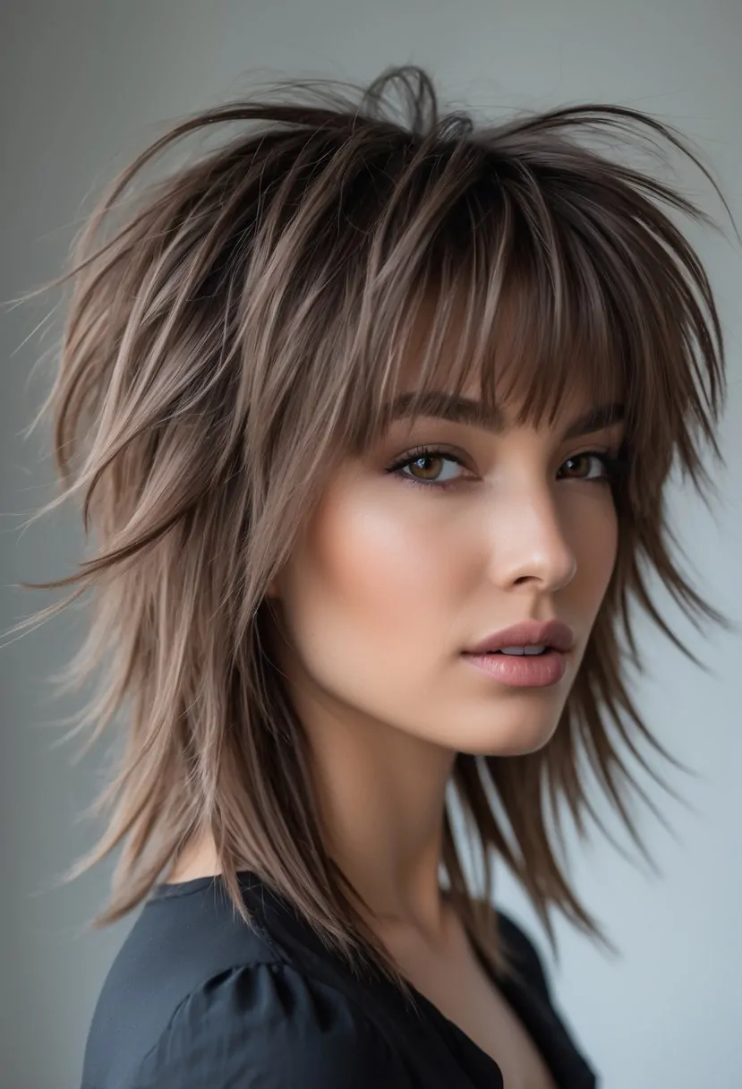 Close-up portrait of a woman with a long layered wolf cut hairstyle against a plain background.
