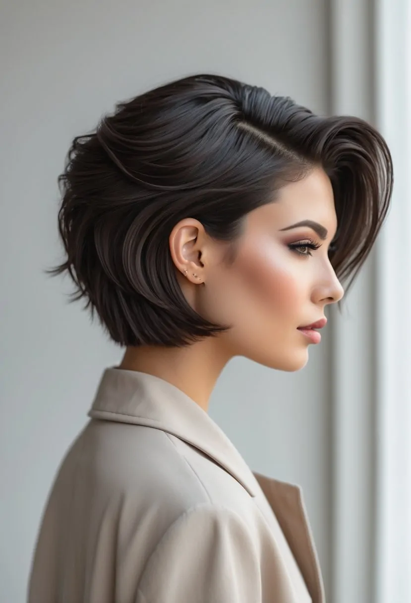 A woman with a layered, textured hairstyle posing against a plain background.
