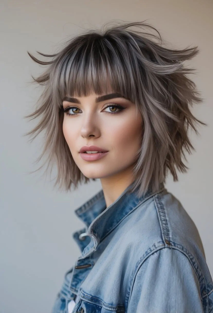 Portrait of a young adult with layered hair and bangs, smiling against a plain background.