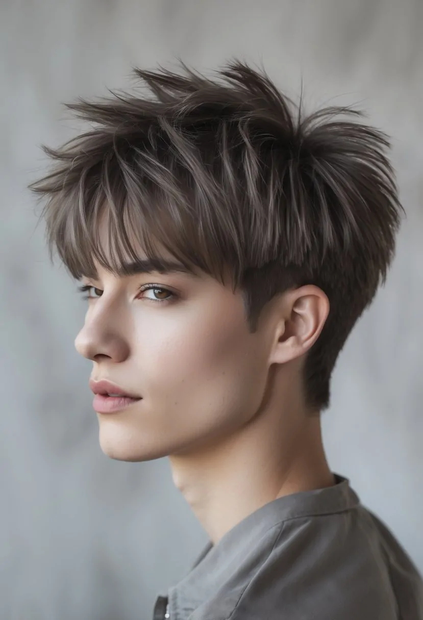 A young adult with layered hair and straight bangs looking at the camera against a neutral background.