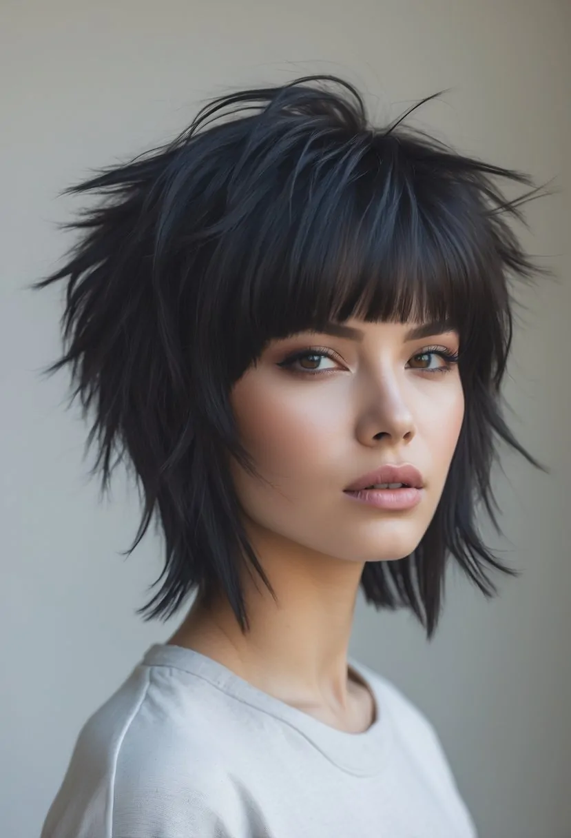 A young adult with a layered haircut and thick bangs looking confidently at the camera against a plain background.