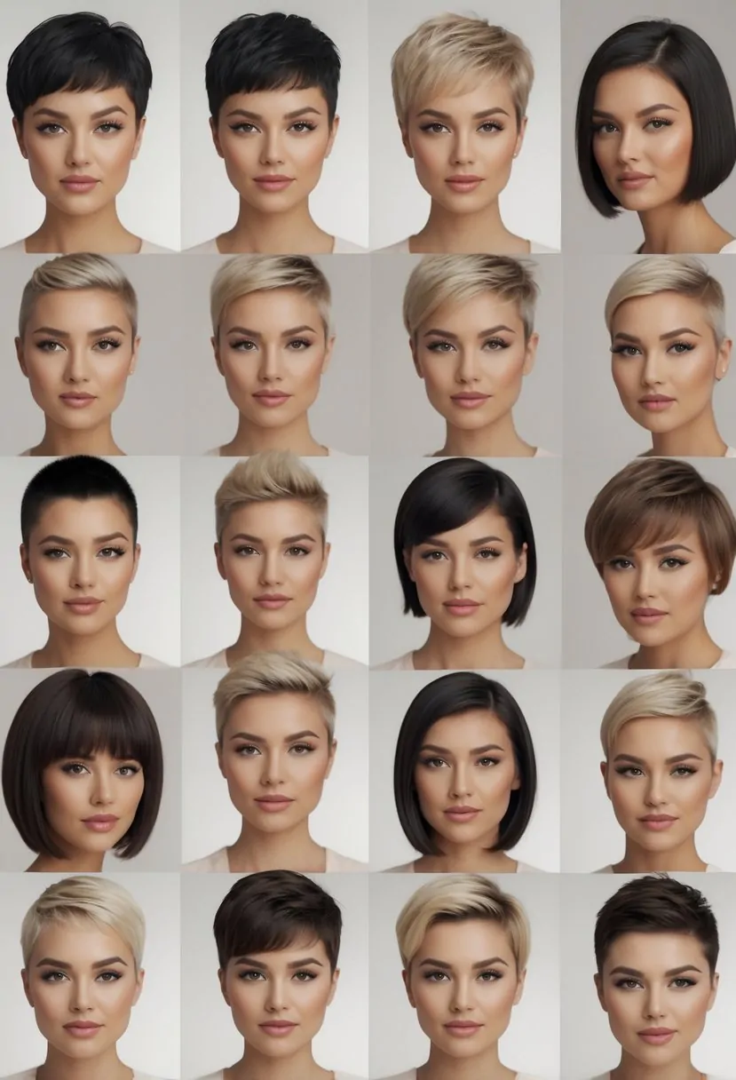 Ten women with chubby faces showing different short haircuts, standing together in a bright studio.