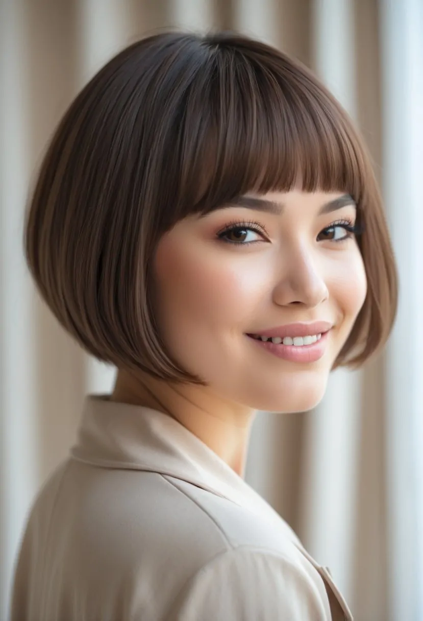A smiling woman with short hair and curtain bangs, shown from the shoulders up against a blurred neutral background.