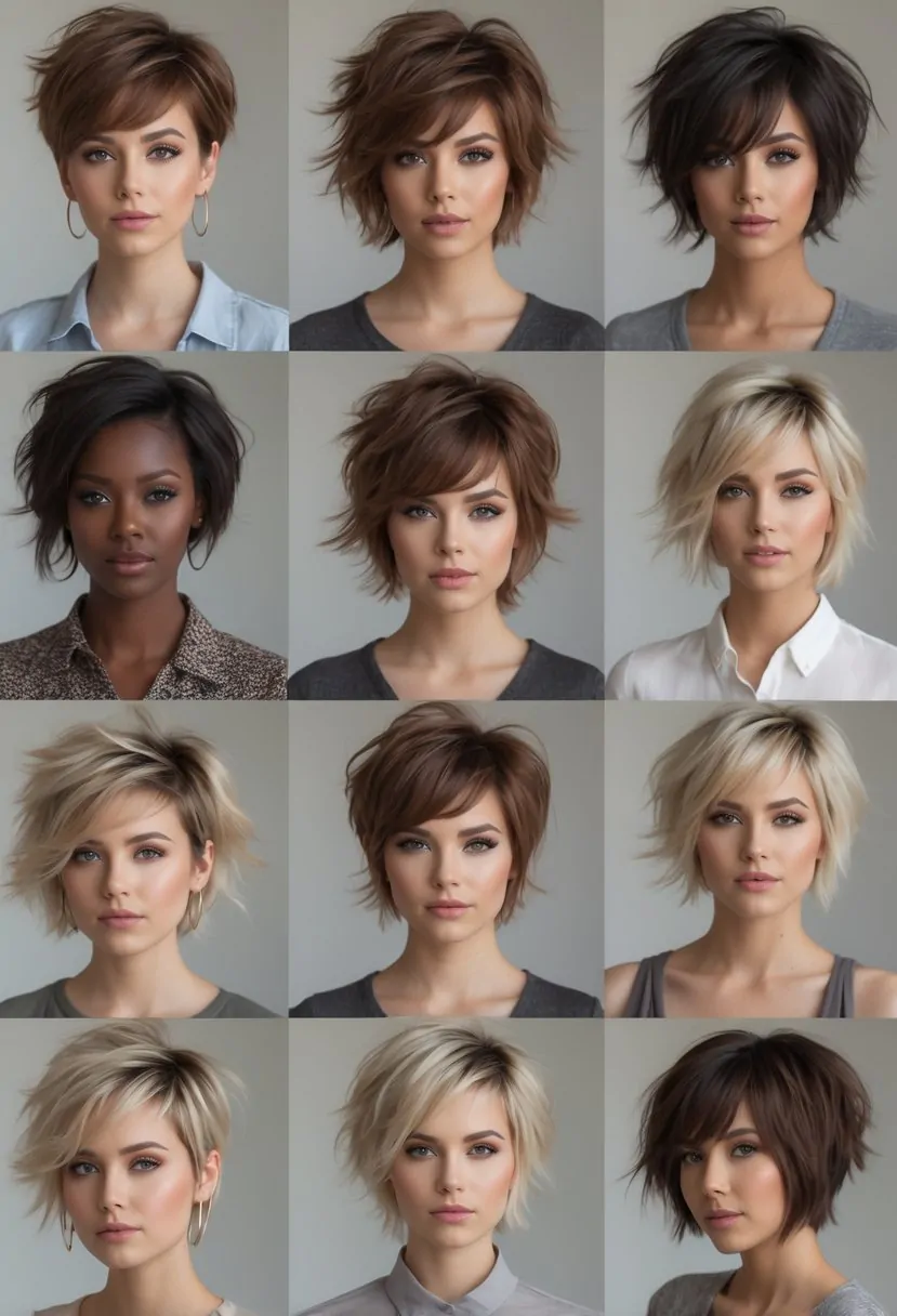 Ten people with different short shaggy hairstyles posing in a studio with a plain background.
