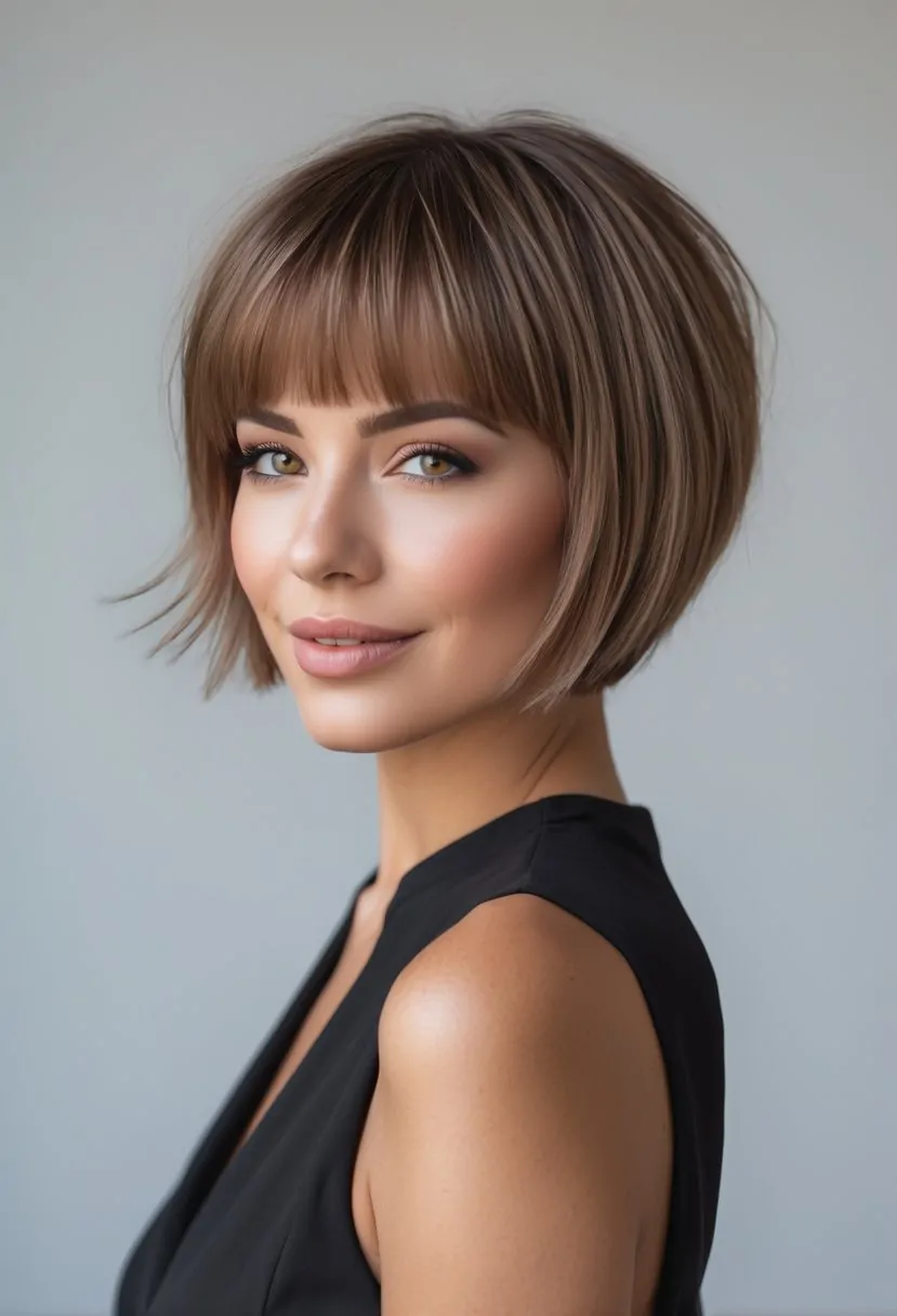 A woman with short hair and bangs, looking confidently at the camera against a plain background.