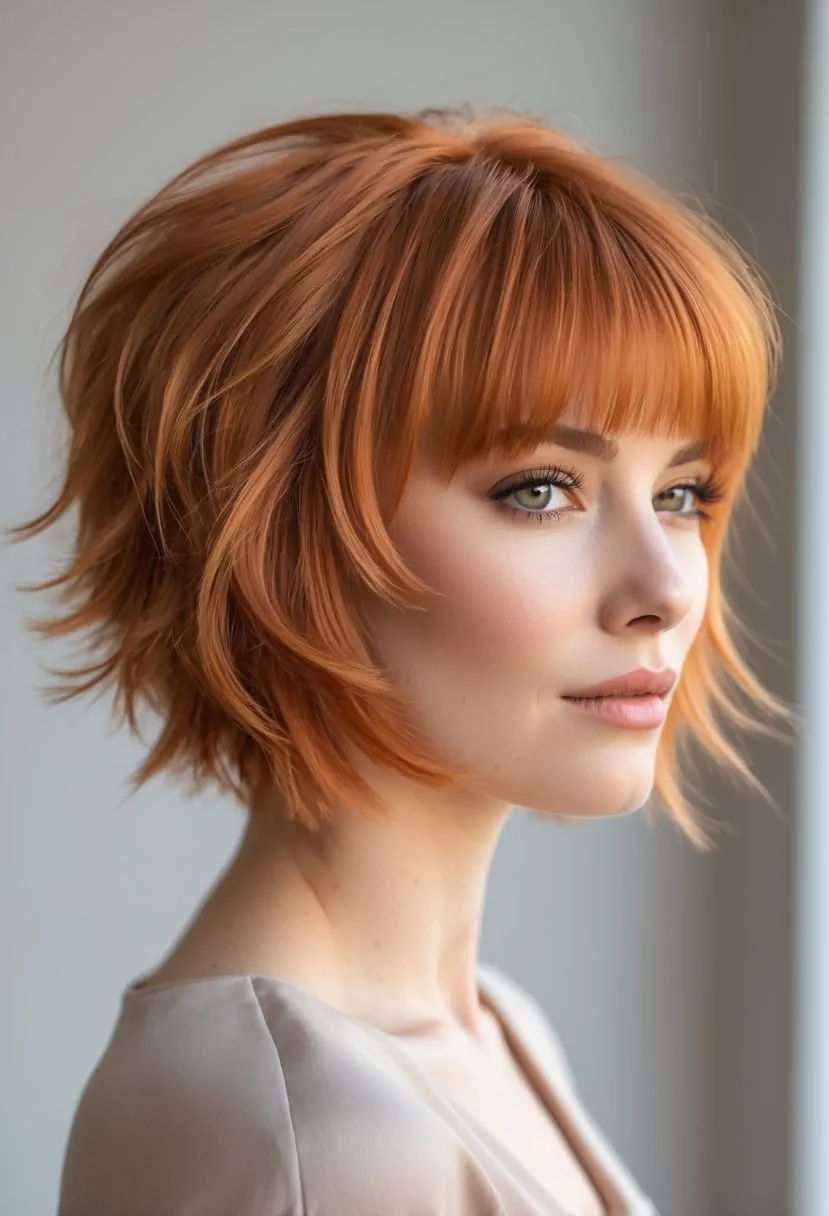 A woman with short ginger hair styled in a layered shag cut with bangs, looking slightly to the side against a plain background.