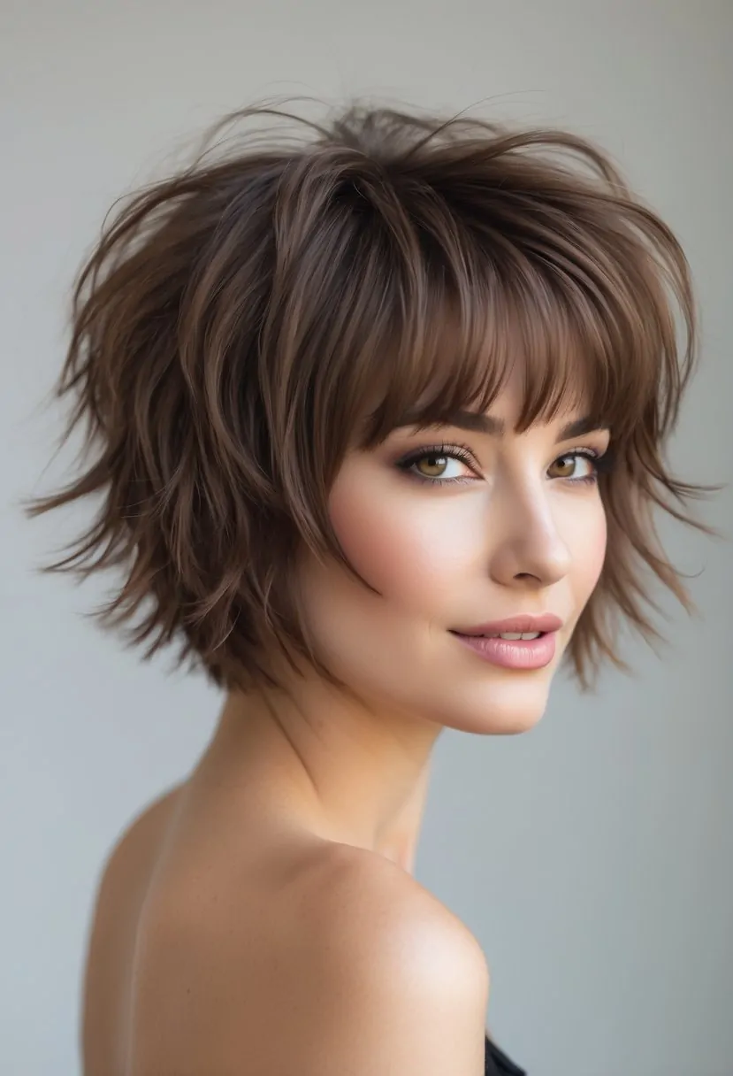 A woman with short brown layered hair and bangs, looking slightly off-camera against a plain background.