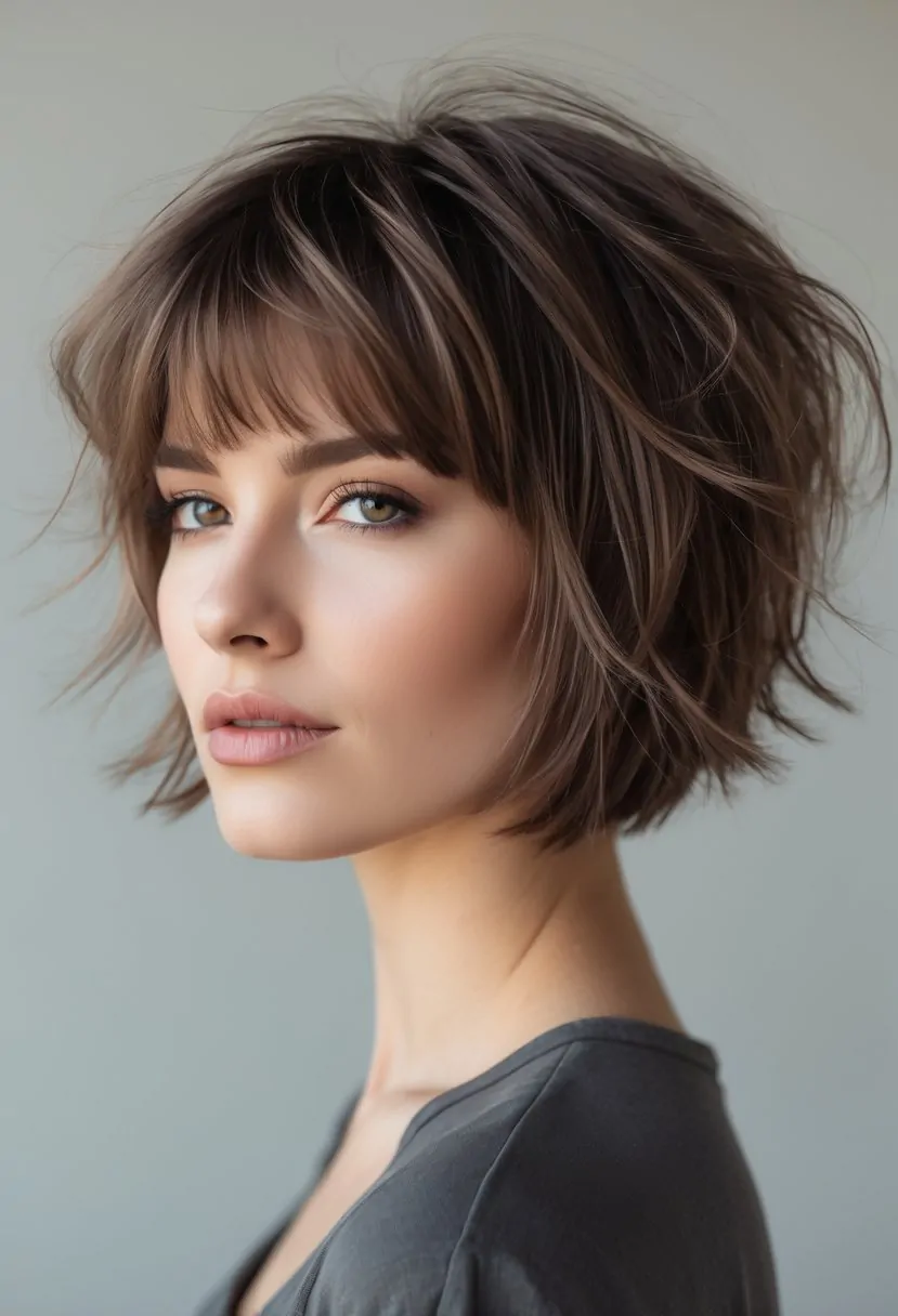 A woman with short layered hair and textured bangs looking confidently at the camera.