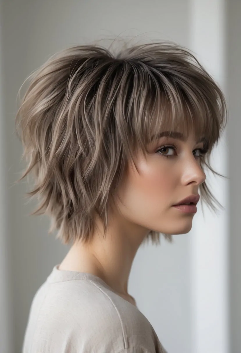 A person with a short layered hairstyle and curtain bangs looking slightly to the side against a simple background.