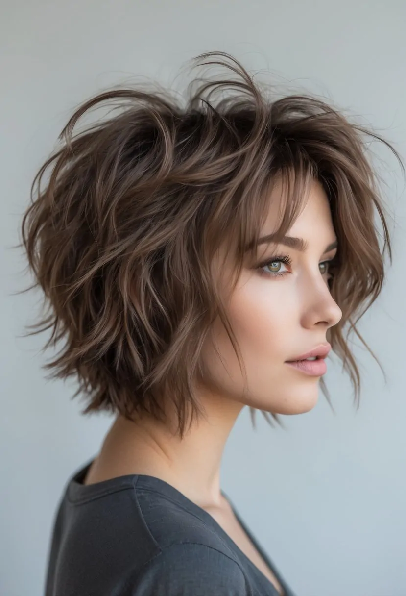 Portrait of a person with messy brown wavy short hair styled in a shag cut, shown from the shoulders up against a plain background.