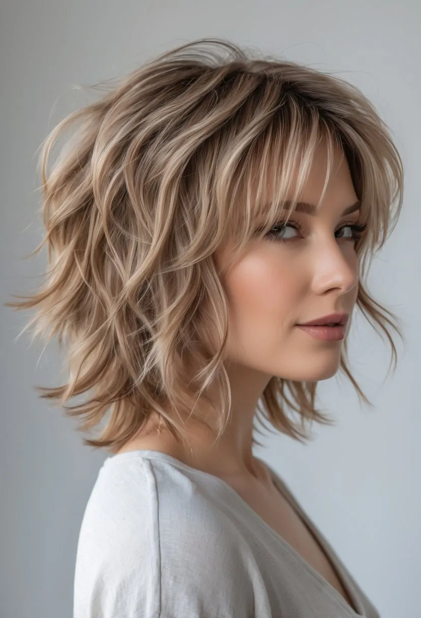 A person with medium-length wavy hair styled in a layered haircut, photographed against a plain background.