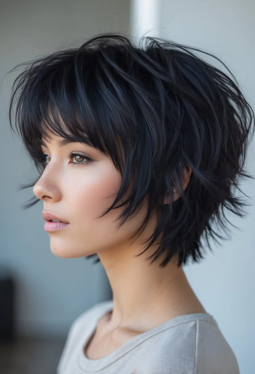 Person with short black layered hair looking slightly to the side against a simple background.