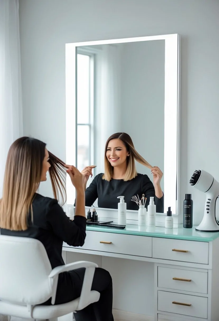 A woman sitting at a vanity table with hairstyling tools, sectioning her hair in front of a mirror.