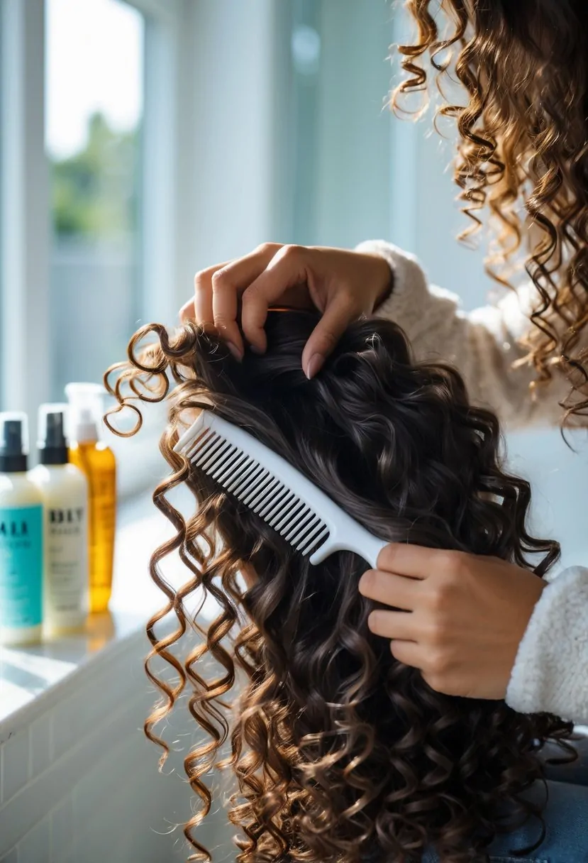 Person with curly hair detangling their hair with a wide-tooth comb in a bright bathroom.