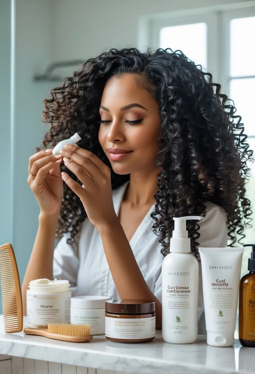 A woman applying hair product to her curly hair in a bright bathroom with hair care items on the counter.