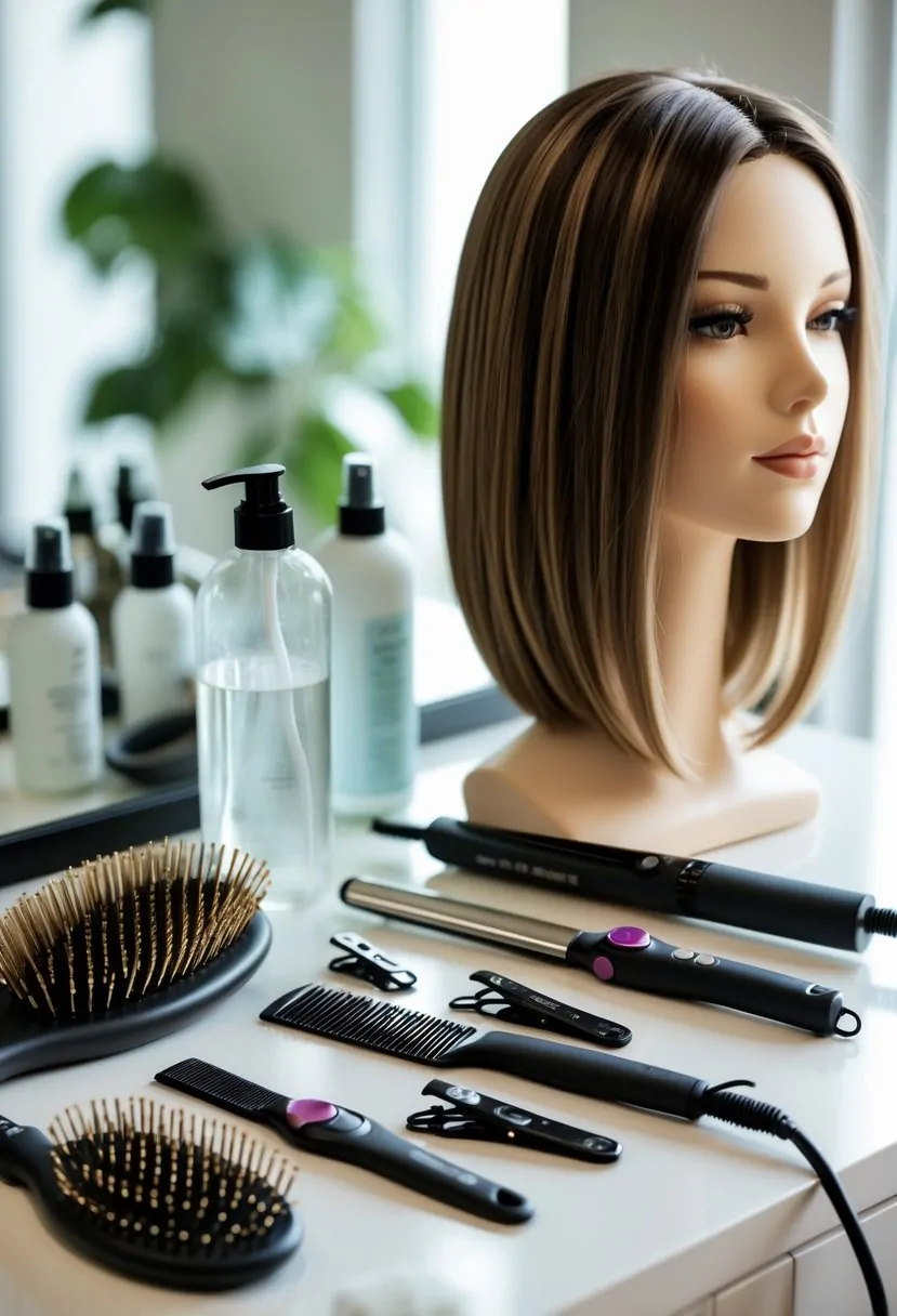 A collection of hairstyling tools arranged next to a person with medium-length hair preparing for a hairstyle.