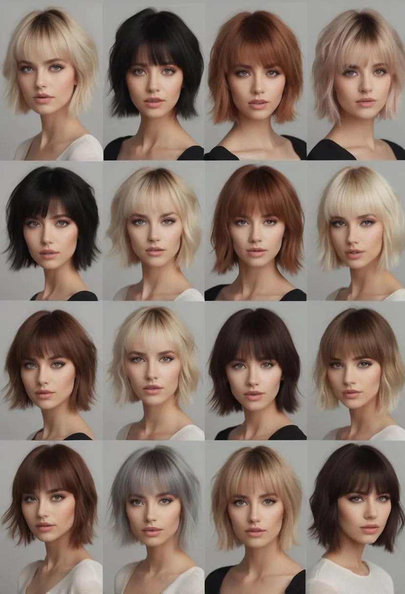 Ten women with different short wolf haircuts featuring curtain bangs, standing together in a studio.