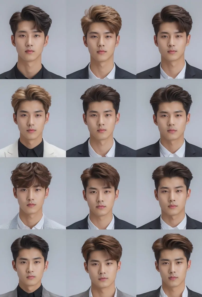 A group of ten Korean men standing together, each with a different hairstyle, in a studio setting.
