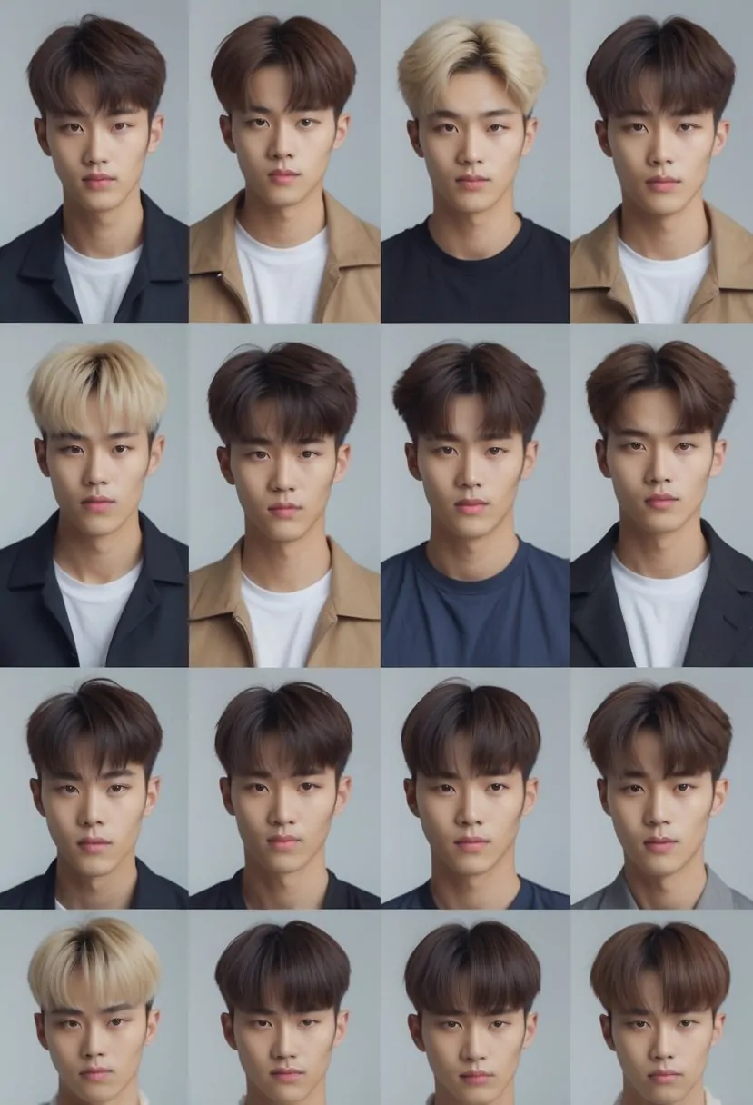 A group of 10 men with different two block haircuts posing together in a studio setting.