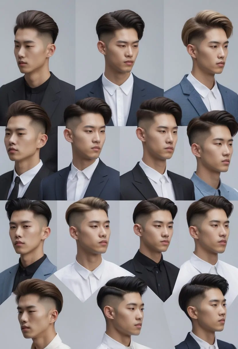 Ten Korean men standing together, each showing a different slicked back undercut hairstyle, wearing modern casual and semi-formal clothes against a plain background.