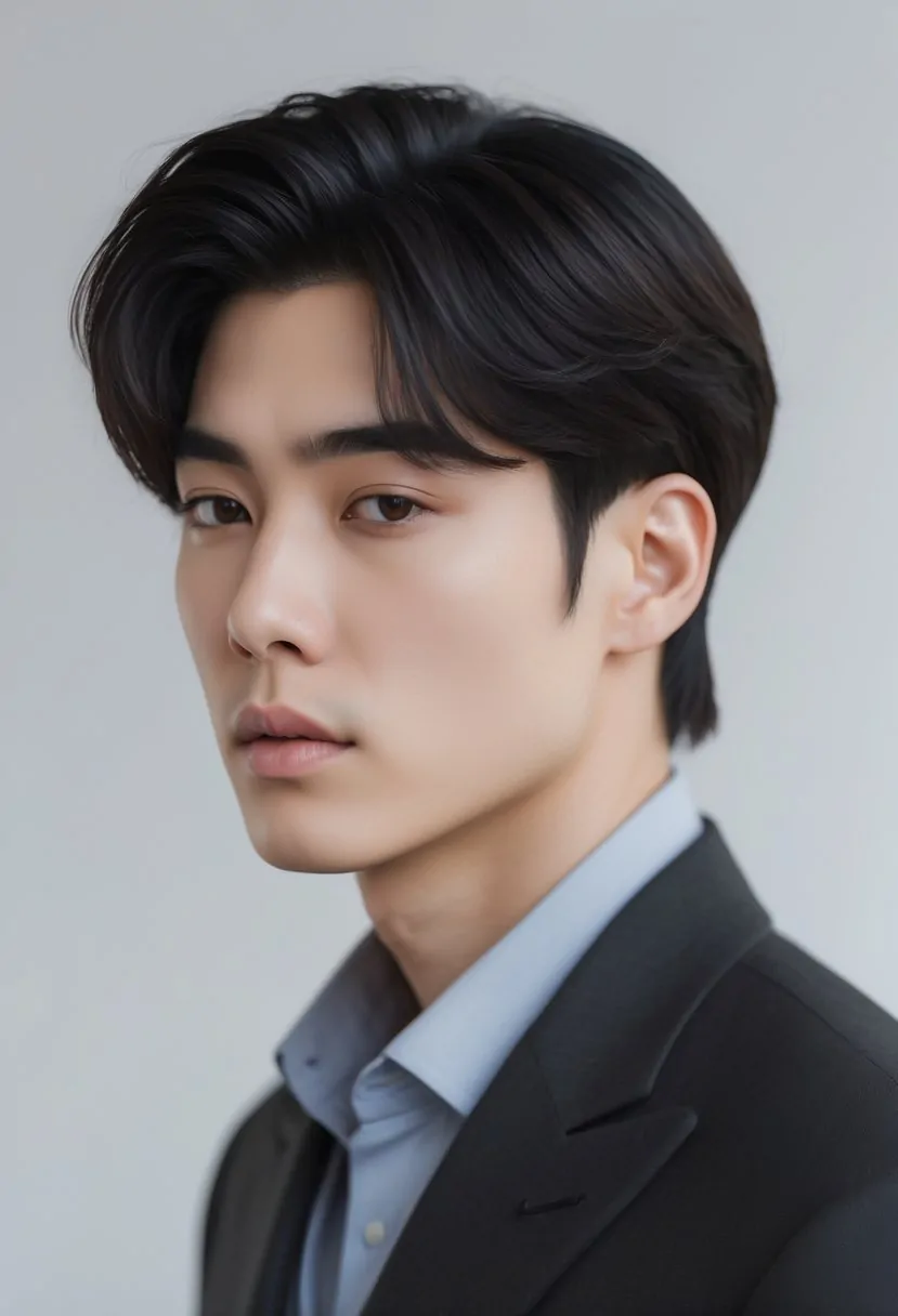 Close-up portrait of a young Korean man with neatly parted hair and a fringe, wearing a smart-casual outfit against a plain background.