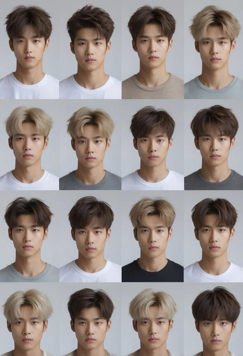 A group of ten Korean men with different shaggy layered haircuts, standing together in a studio with a plain background.