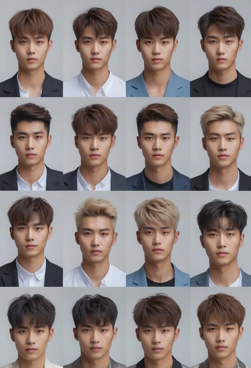 A group of 10 Korean men with different short textured hairstyles standing together in a studio.