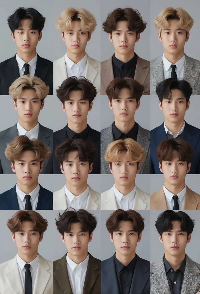 A group of 10 Korean men with different soft permed hairstyles standing together in a studio.