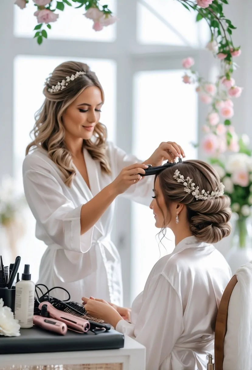 A hairstylist styling a bride's hair in a beauty studio, preparing an elegant wedding hairstyle.